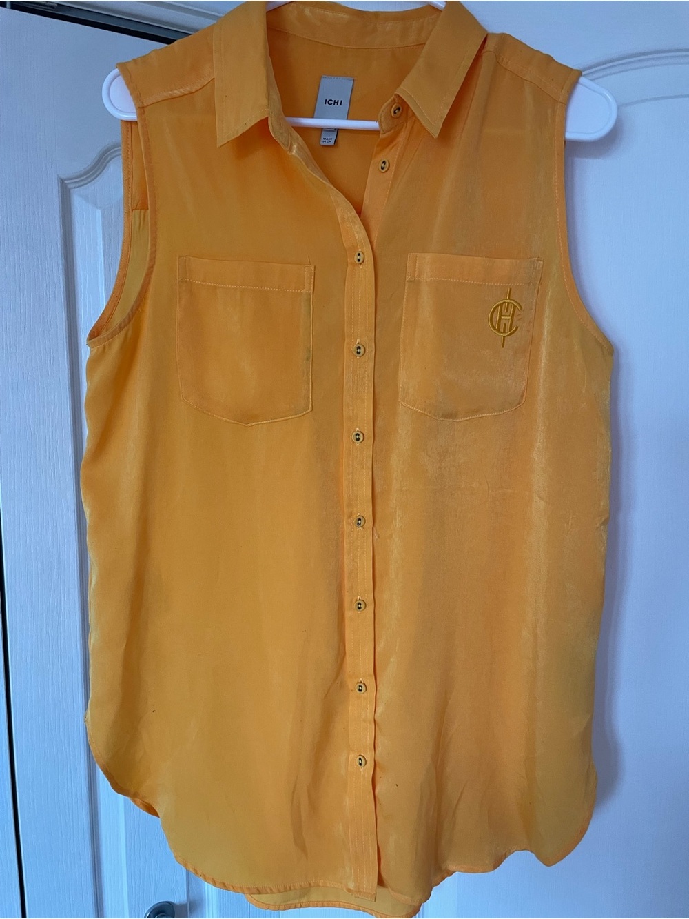ICHI Sleeveless Button-Down Shirt in Mustard